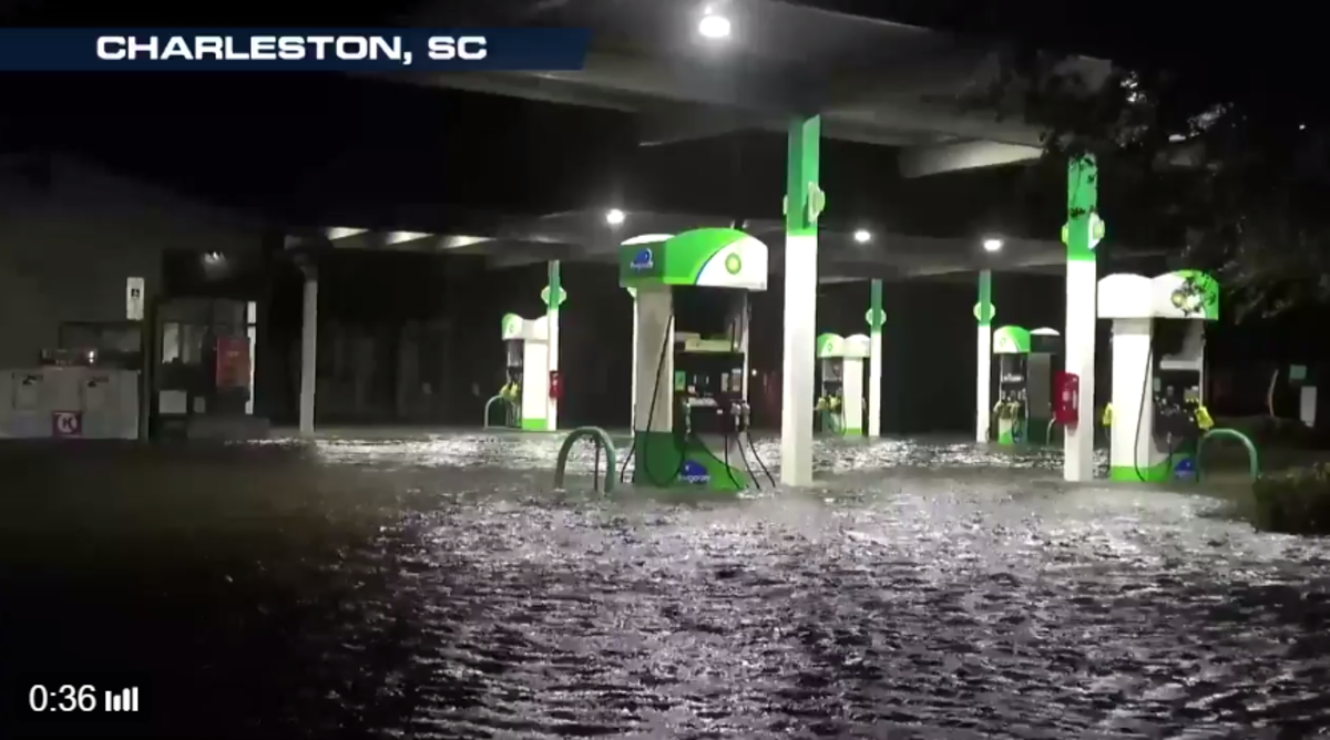 A flooded gas station.