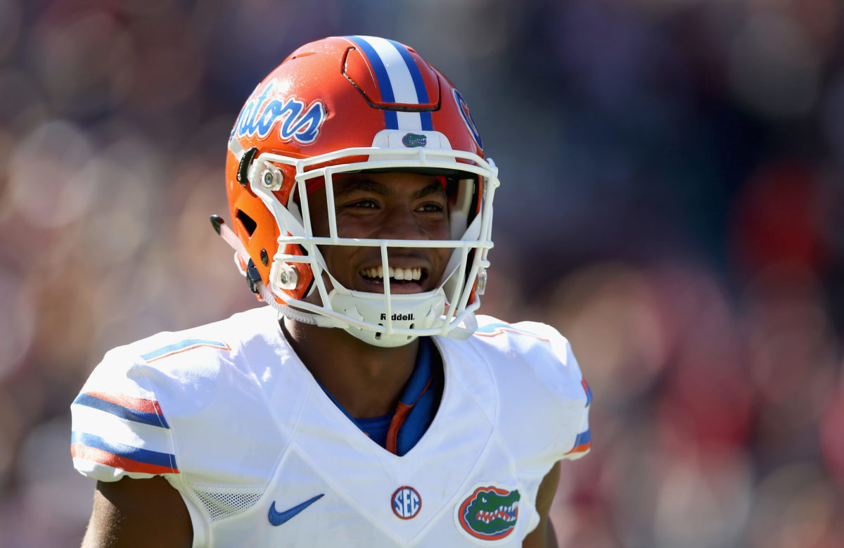A closeup of Vernon Hargreaves III during a Florida Gators football game.