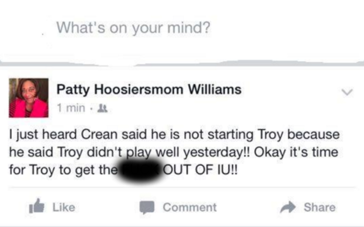 Patty Williams, Troy Williams Mom, thinks it is time for her son to leave Indiana on social media.