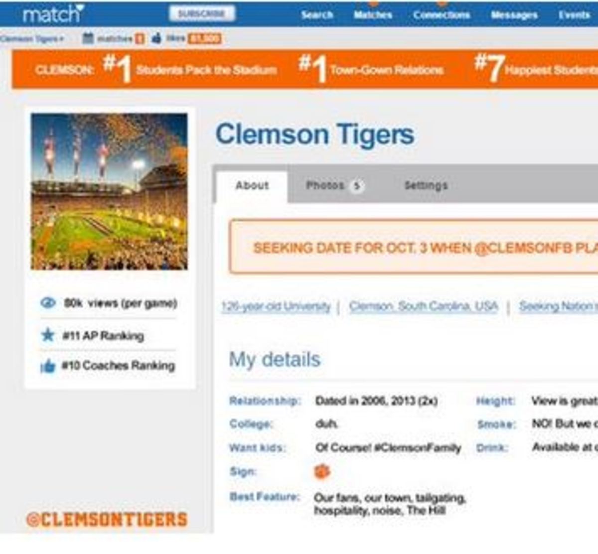 Clemson Tigers make a Match.com profile.