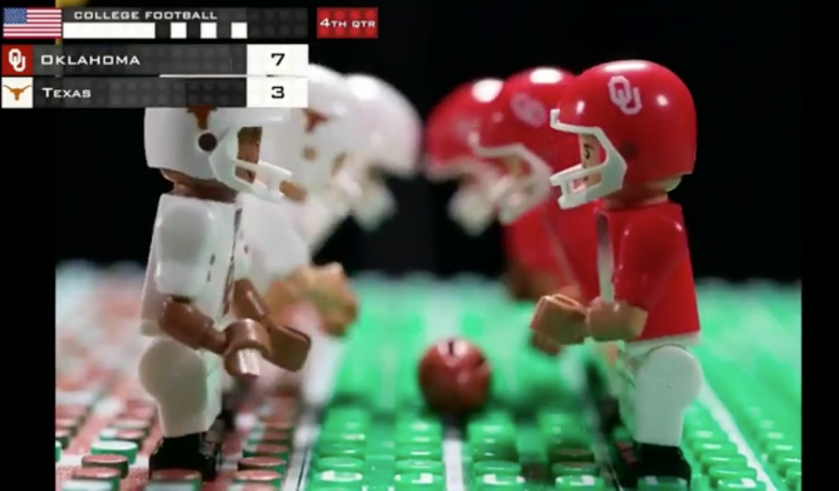 A lego reenactment of a Texas vs. Oklahoma football game.