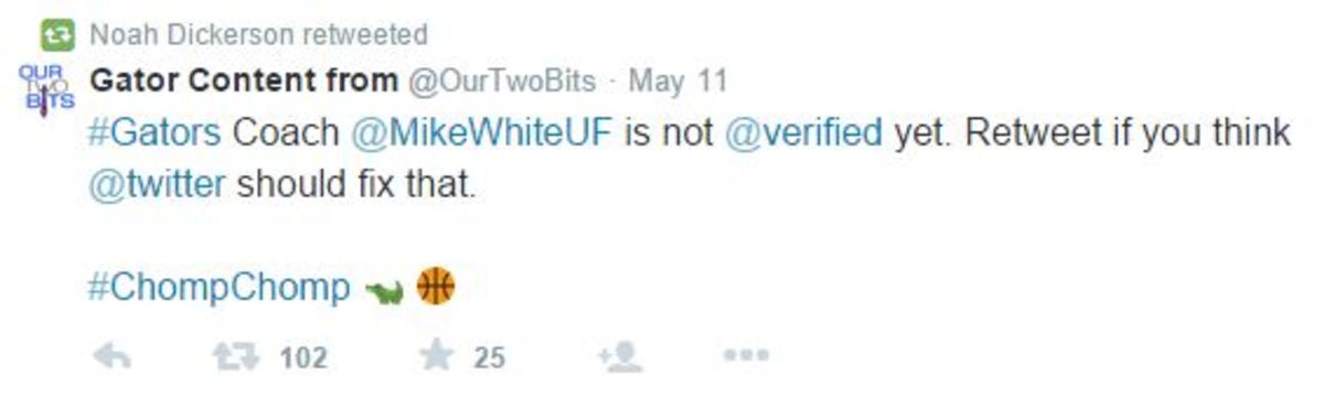 Noah Dickerson retweets message saying that Florida coach Mike White should be verified.