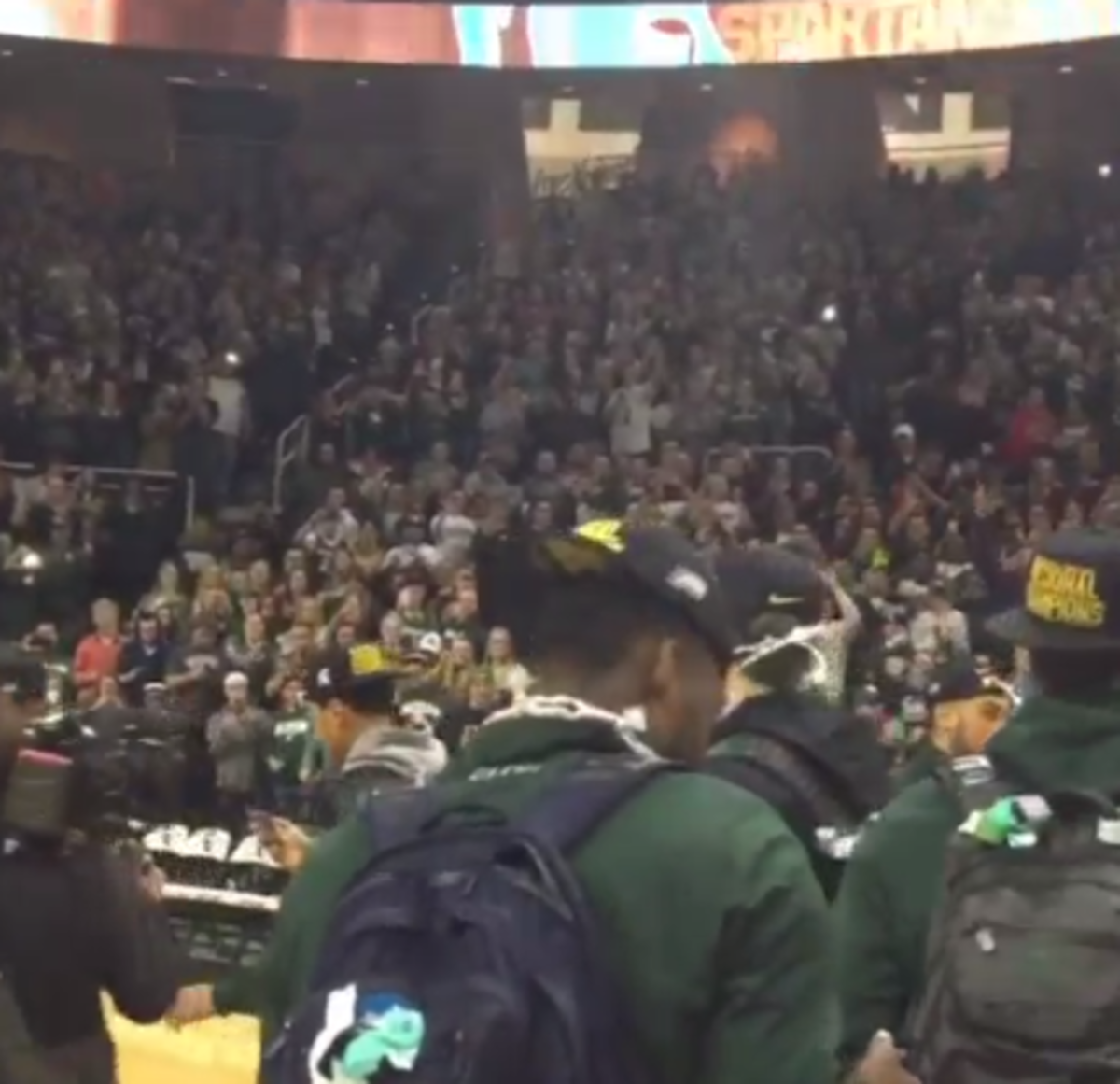 Michigan State fans pack Breslin Center to welcome Spartans after Final Four berth.
