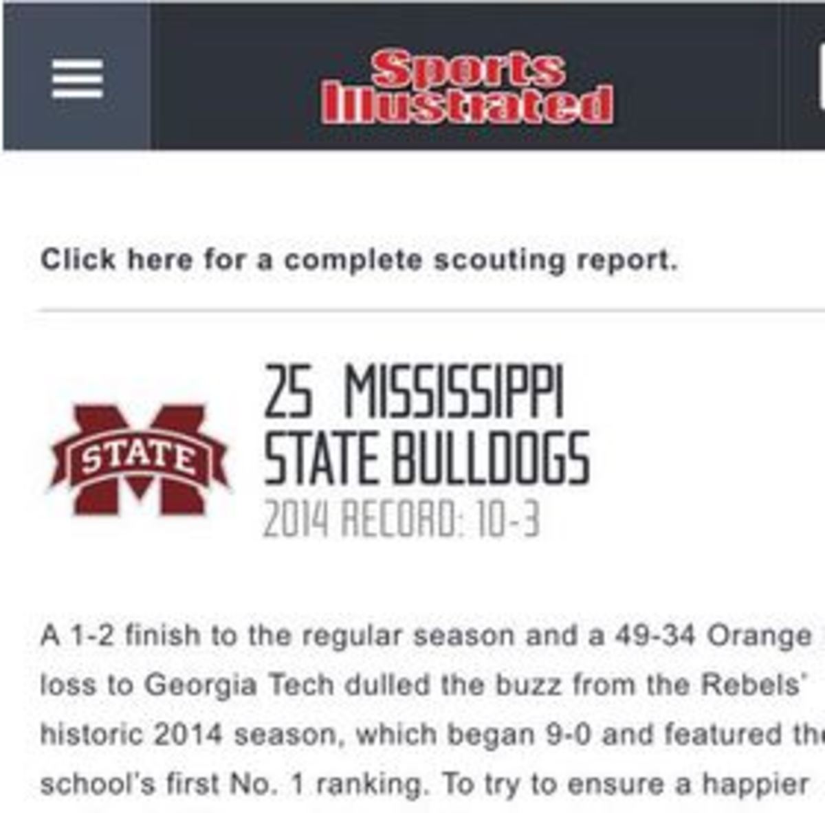 Sports Illustrated calls the Mississippi State Bulldogs "the rebels" in article typo.