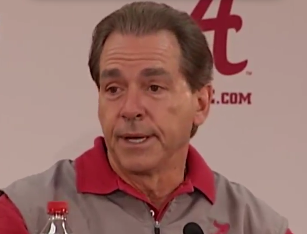 Nick Saban upset with reporters at a press conference.