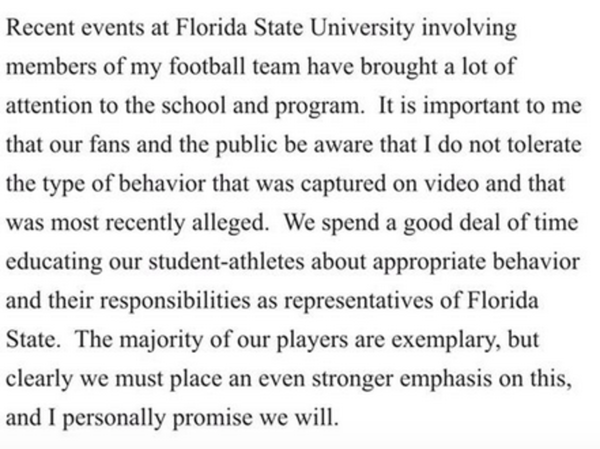 Jimbo Fisher"s statement on recent events involving FSU football players.