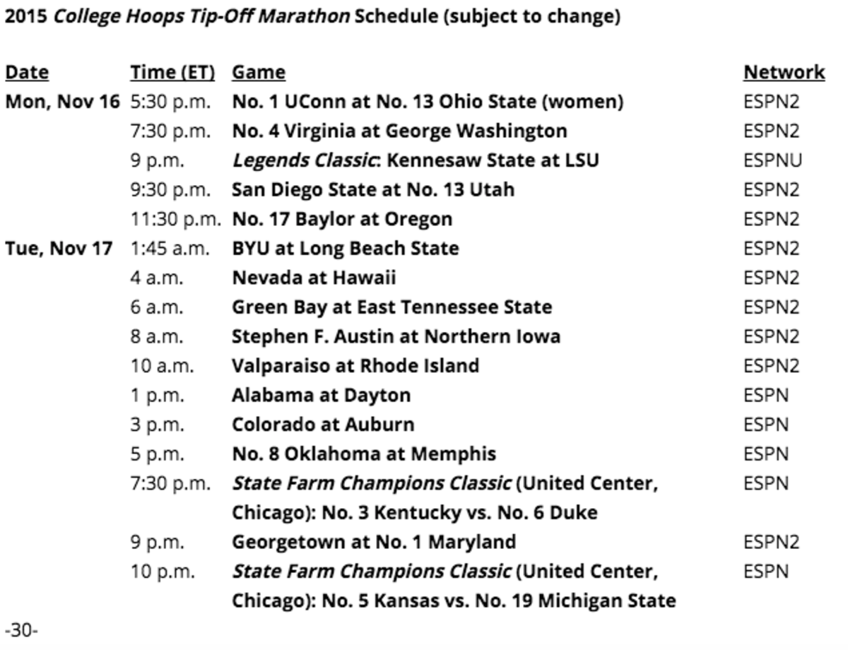 ESPN Announces College Basketball TipOff Marathon Schedule, Features