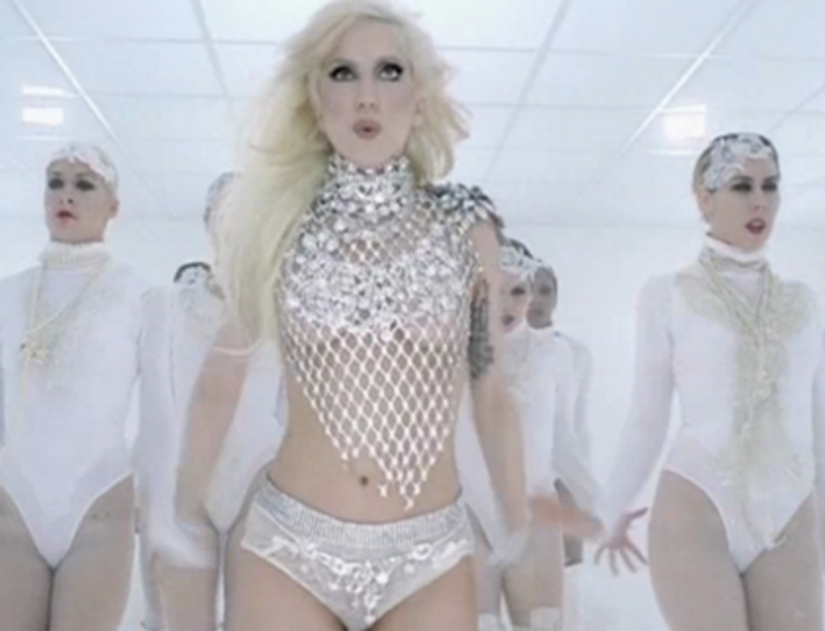 Lady Gaga performs one of her songs in a music video.