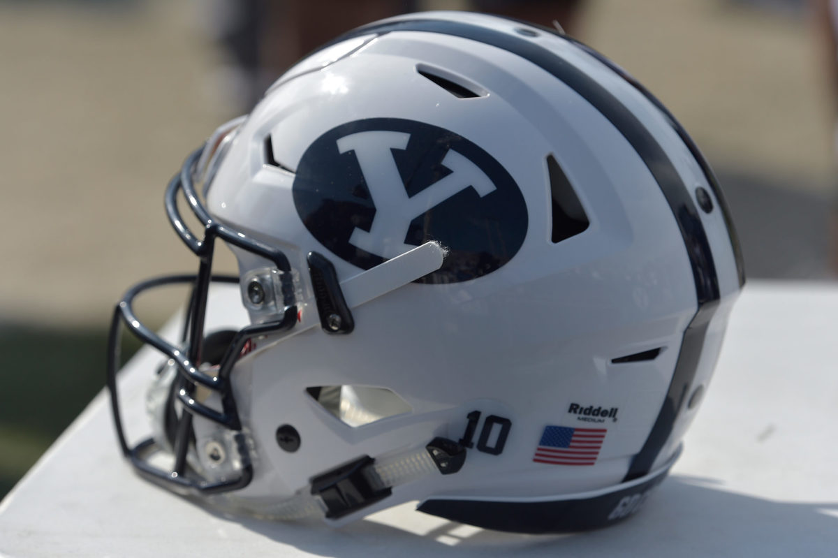 A closeup of a BYU football helmet.