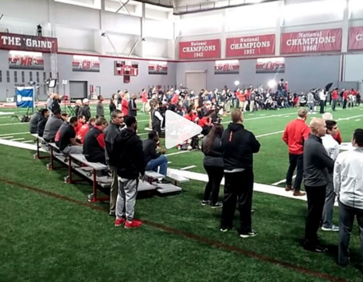 A crowd gather to watch Ohio State's Pro Day.