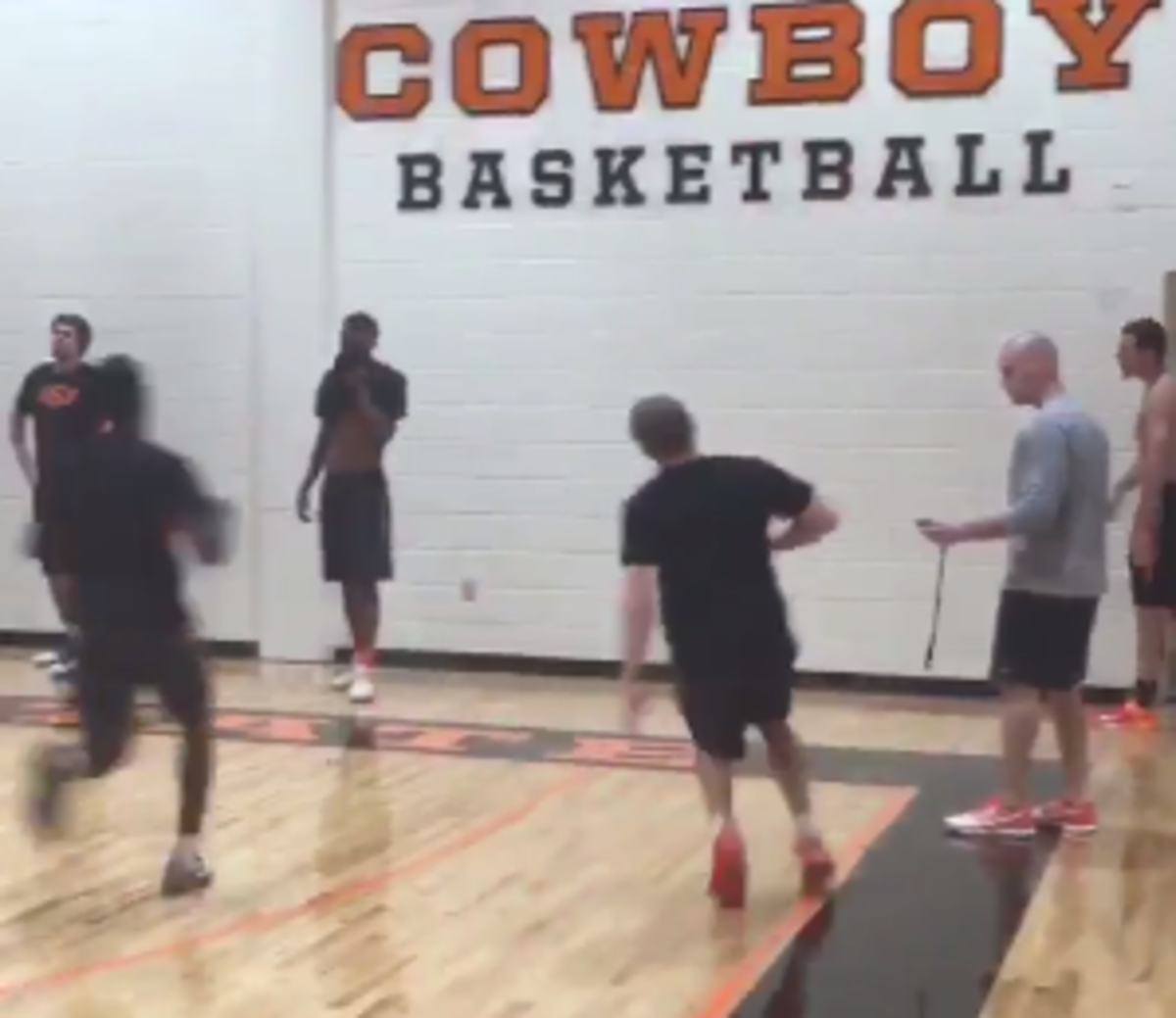 Oklahoma State Basketball team during a conditioning workout.