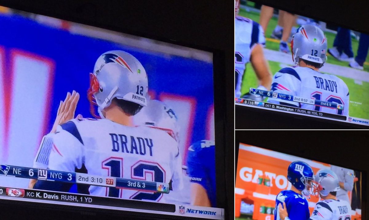 Tom Brady wearing something on his helmet to protest the NFL.