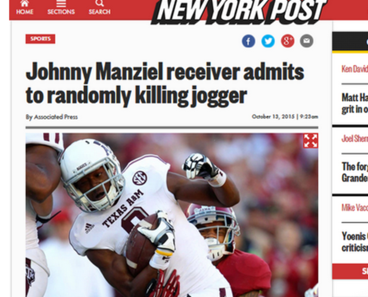 New York Post article says Johnny Manziel receiver admits to randomly killing jogger.