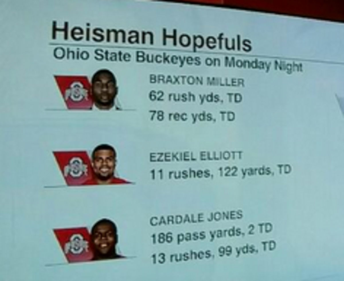 Ohio States potential Heisman winners pictured with their statistics.
