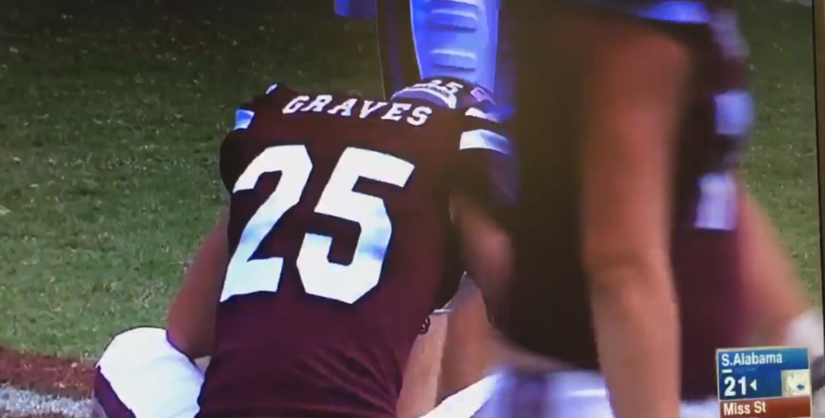 A Mississippi State player on the ground following a loss to south alabama.