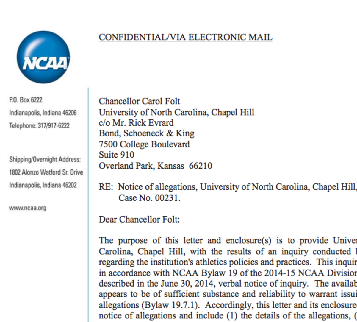 UNC Notice Of Allegations letter form the NCAA.