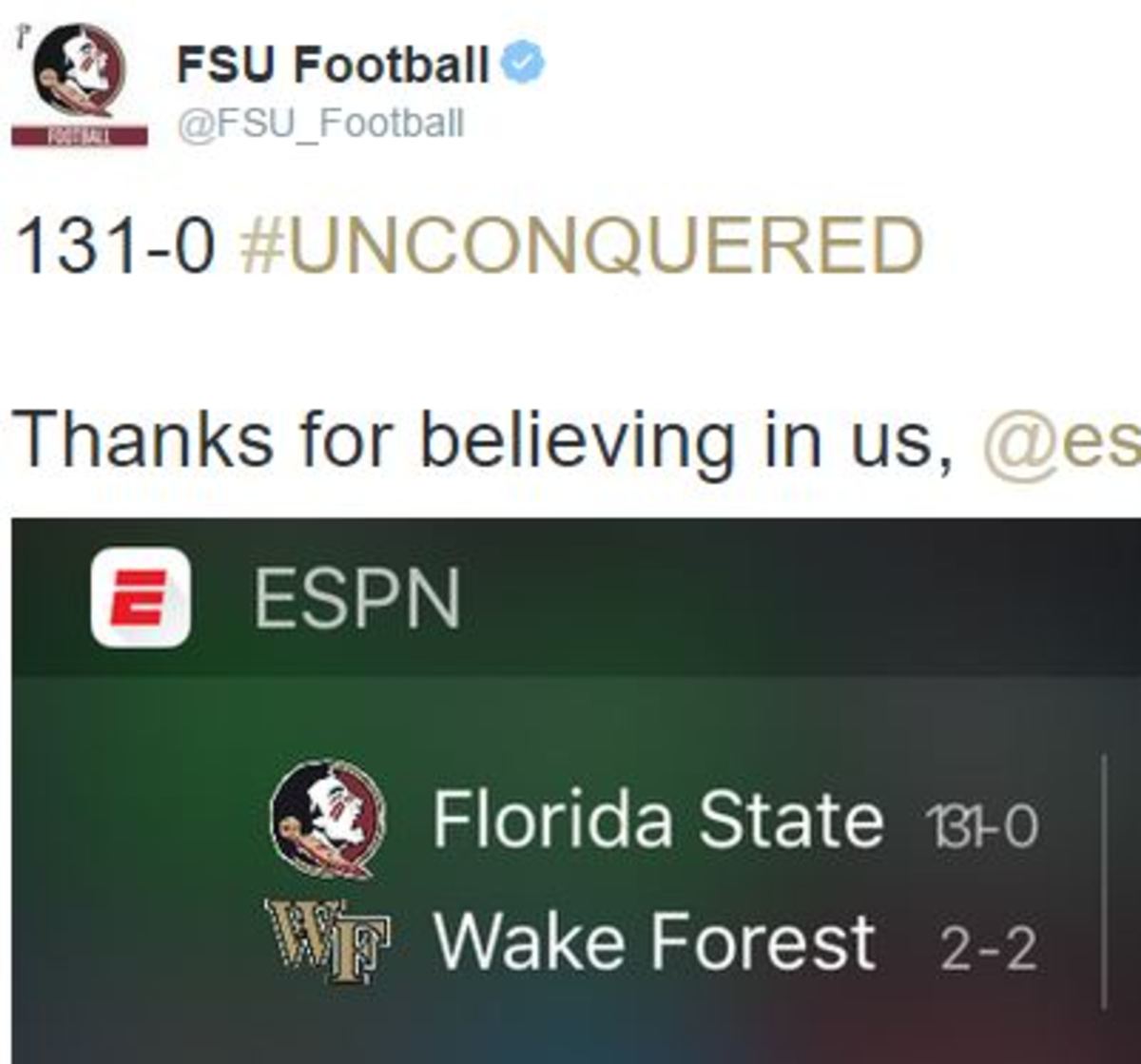 FSU Twitter page thans ESPN for giving them a 131-0 record.
