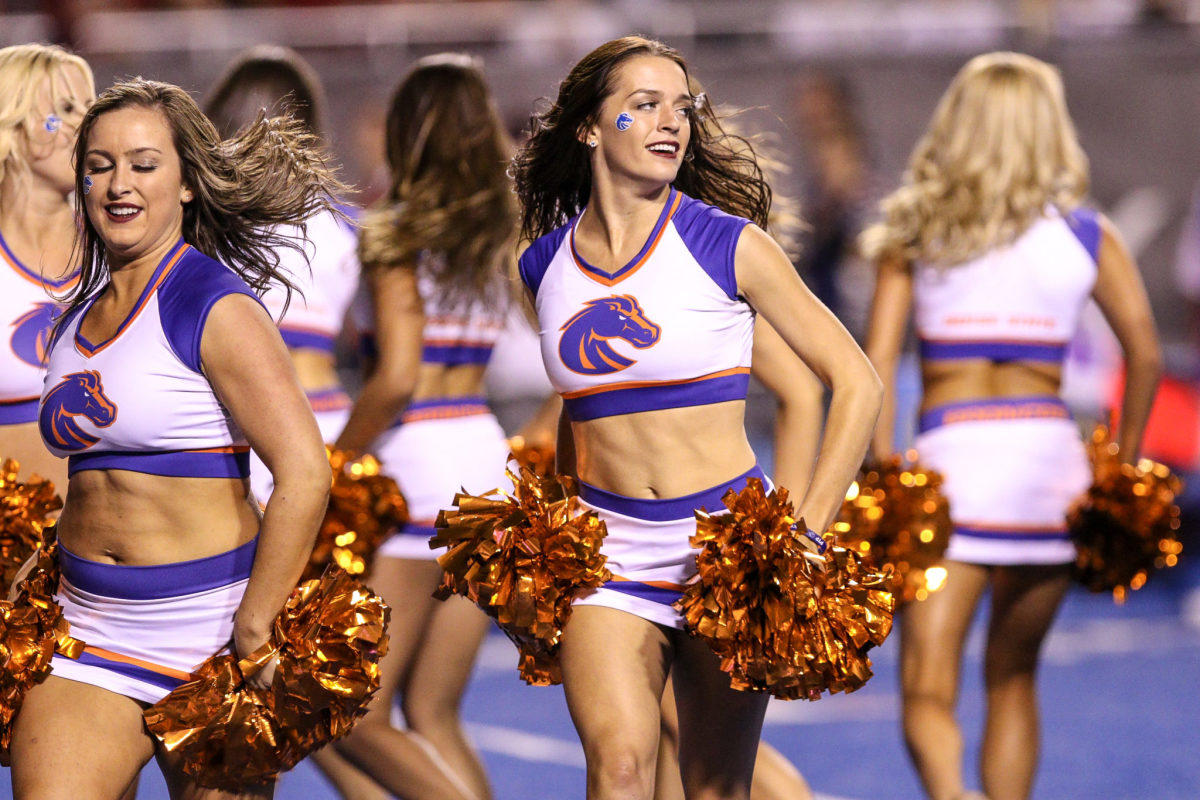 A closeup of Boise State cheerleaders.