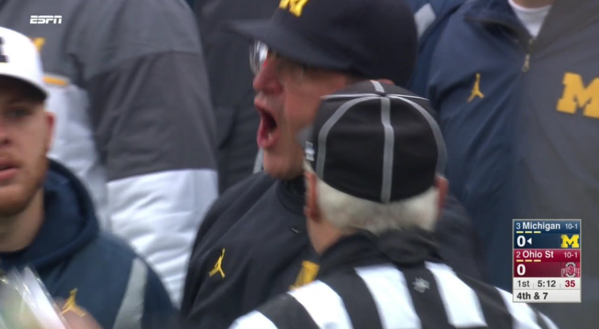 Jim Harbaugh gets angry at the refs during the Ohio State game.