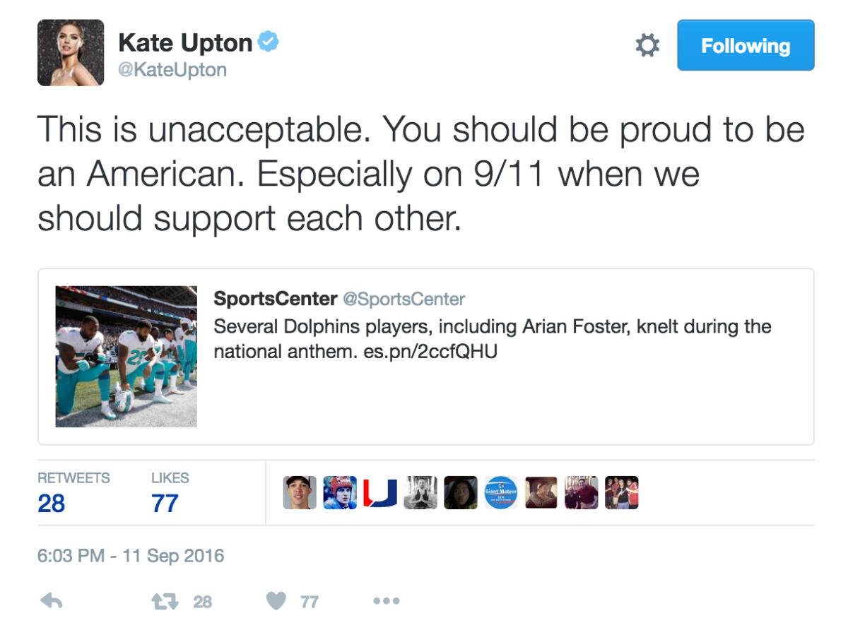 Kate Upton's tweet about players kneeling during the national anthem