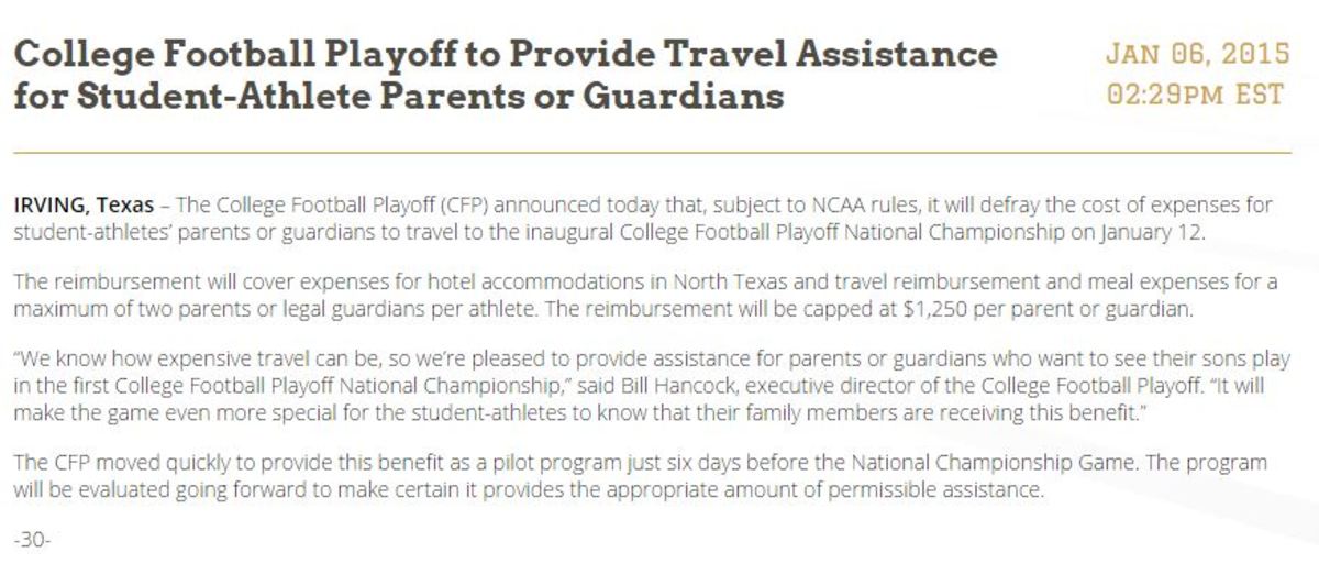 College Football Playoff announces travel assistance for student-athlete parents.