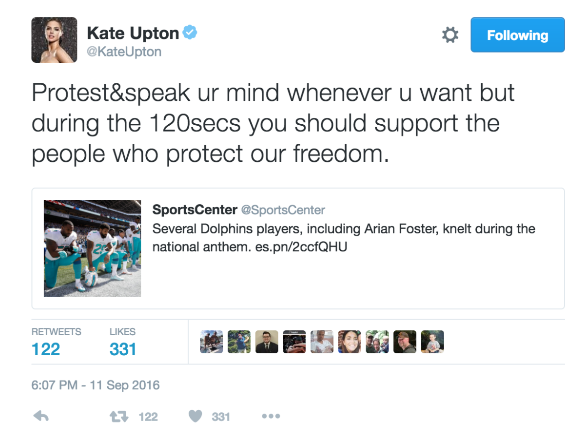 Kate Upton's tweet about players kneeling during the national anthem