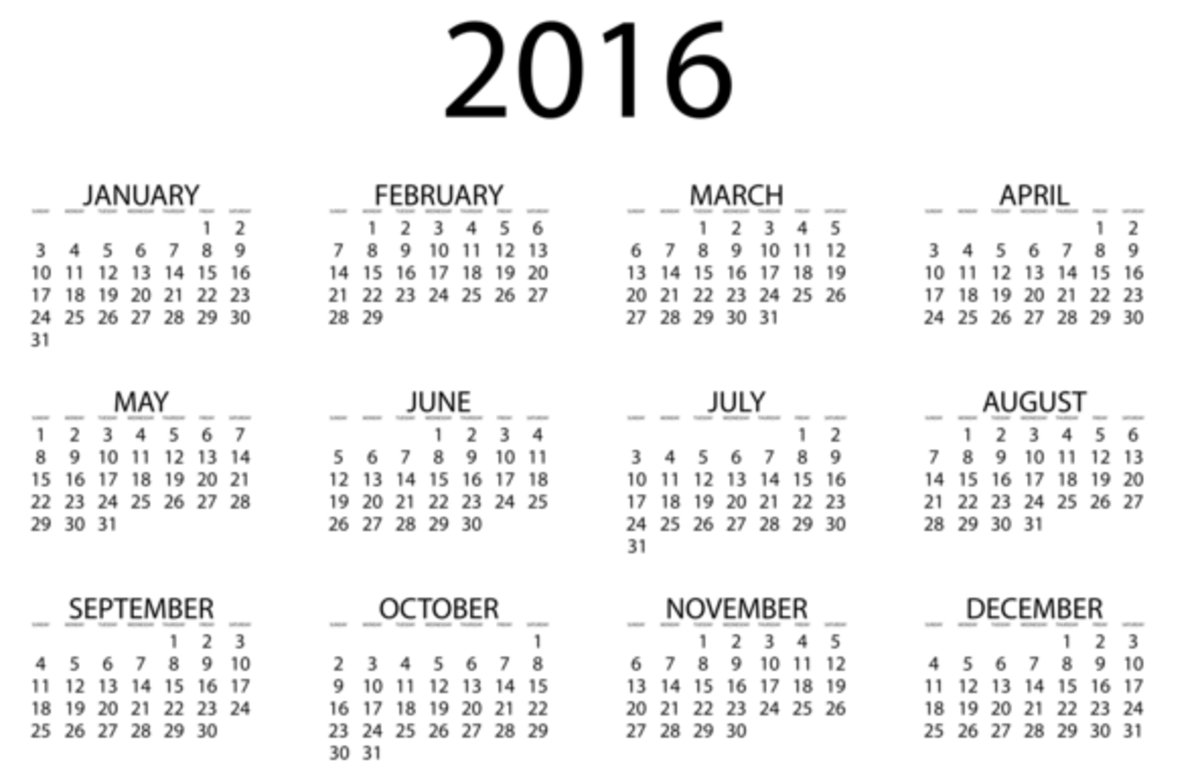 Calendar shows the year 2016.
