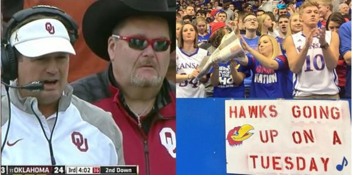 Oklahoma fans vs. Kansas fans.