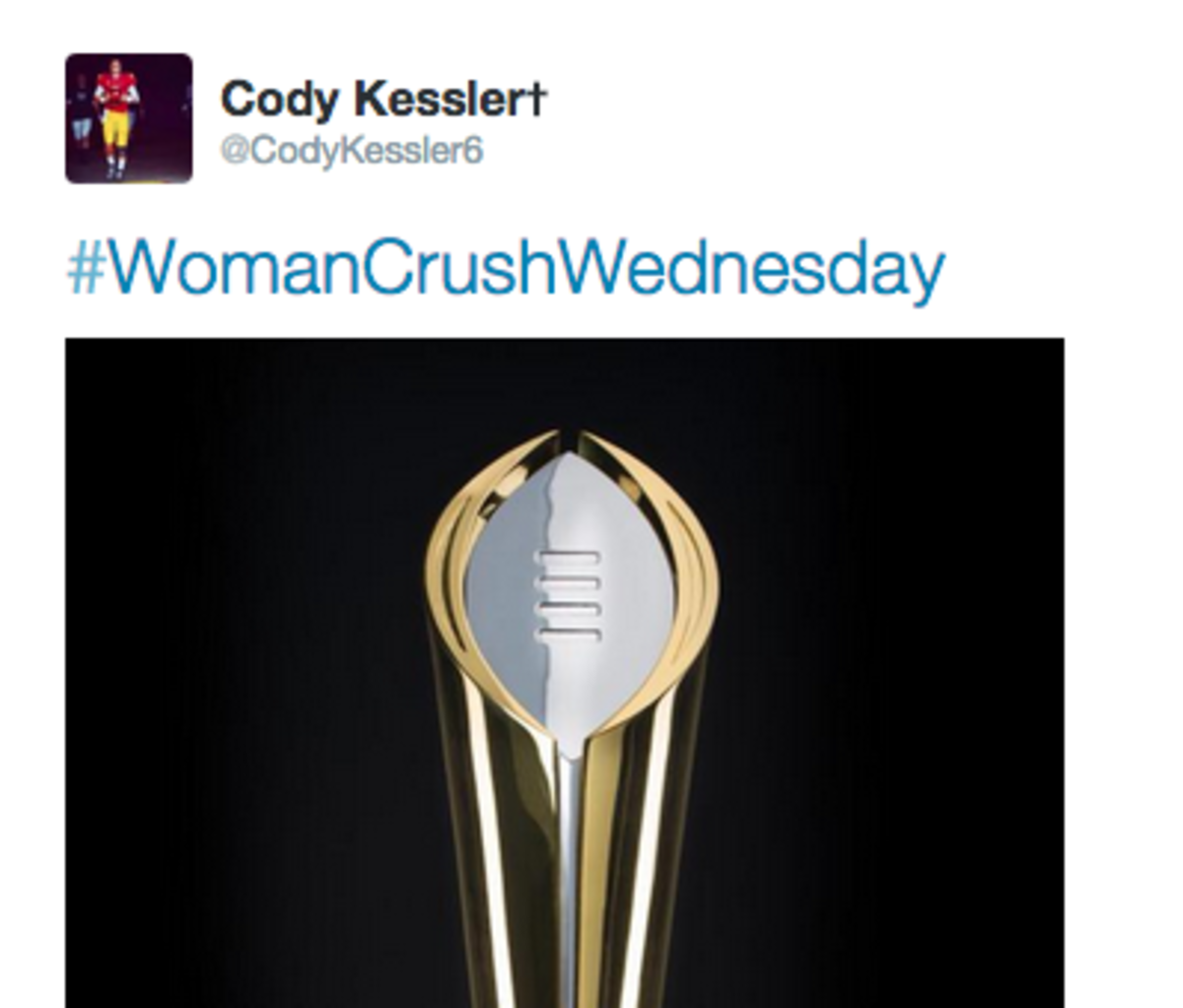 USC's Cody Kessler posts a picture of the College Football Playoff trophy for Woman Crush Wednesday.