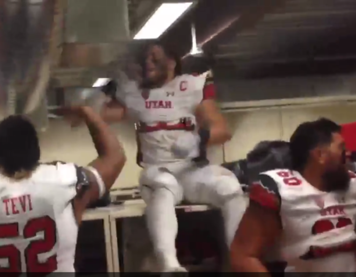 Utah players going crazy in the locker room after beating Oregon.