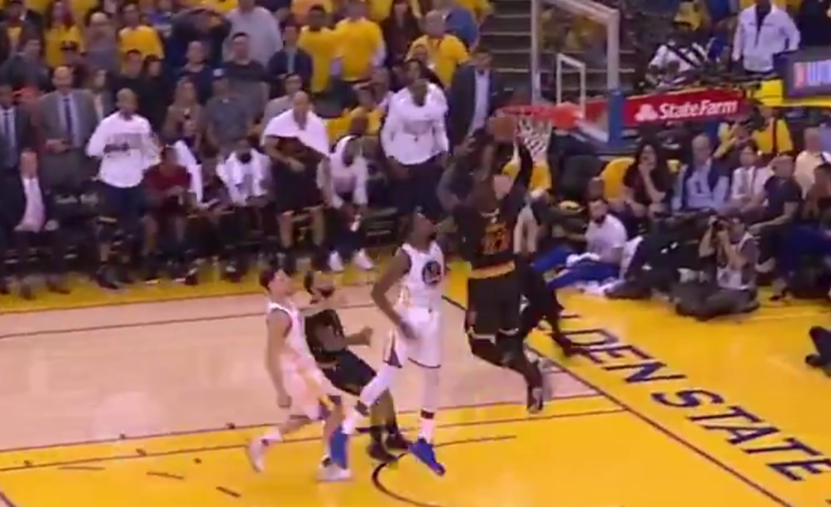 LeBron dunking against the Warriors.
