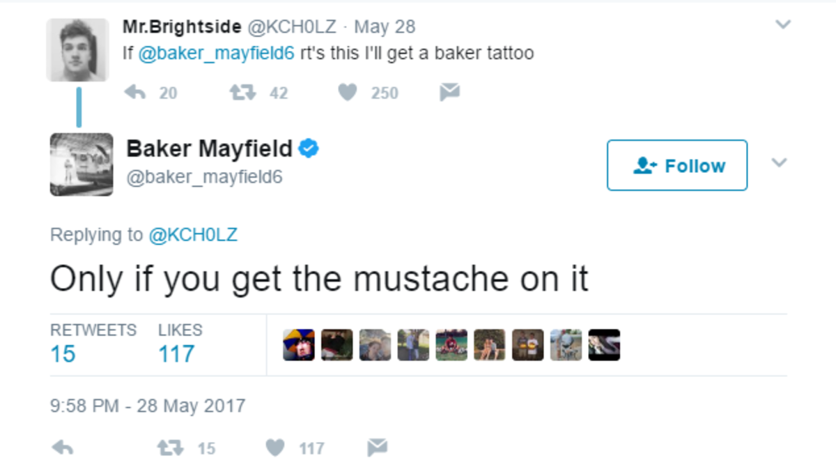Baker Mayfield tweets at a fan.
