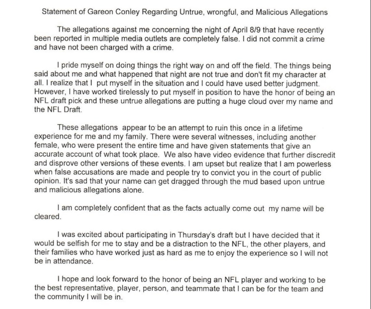 Gareon Conley writes letter concerning recent allegations.