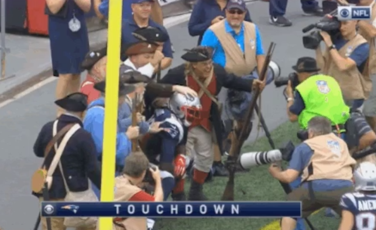 LeGarrette Blount celebrating a touchdown with the Patriots end zone militia