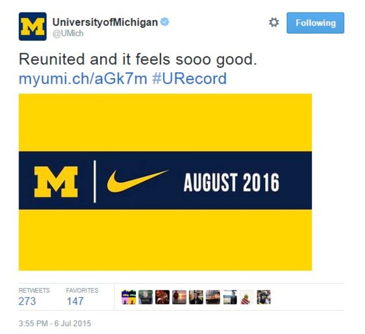 Michigan tweets it has reunited its relationship with Nike starting in August 2016.