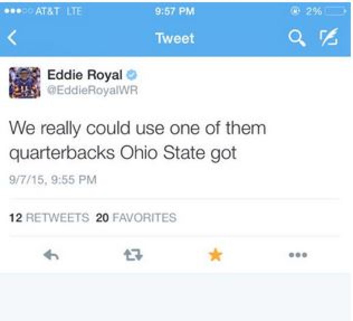 Eddie Royal tweets about wanting one of Ohio State's talented quarterbacks.