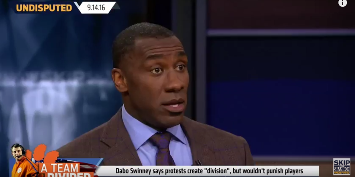 Shannon Sharpe discussing Dabo Swinney's protest comments.