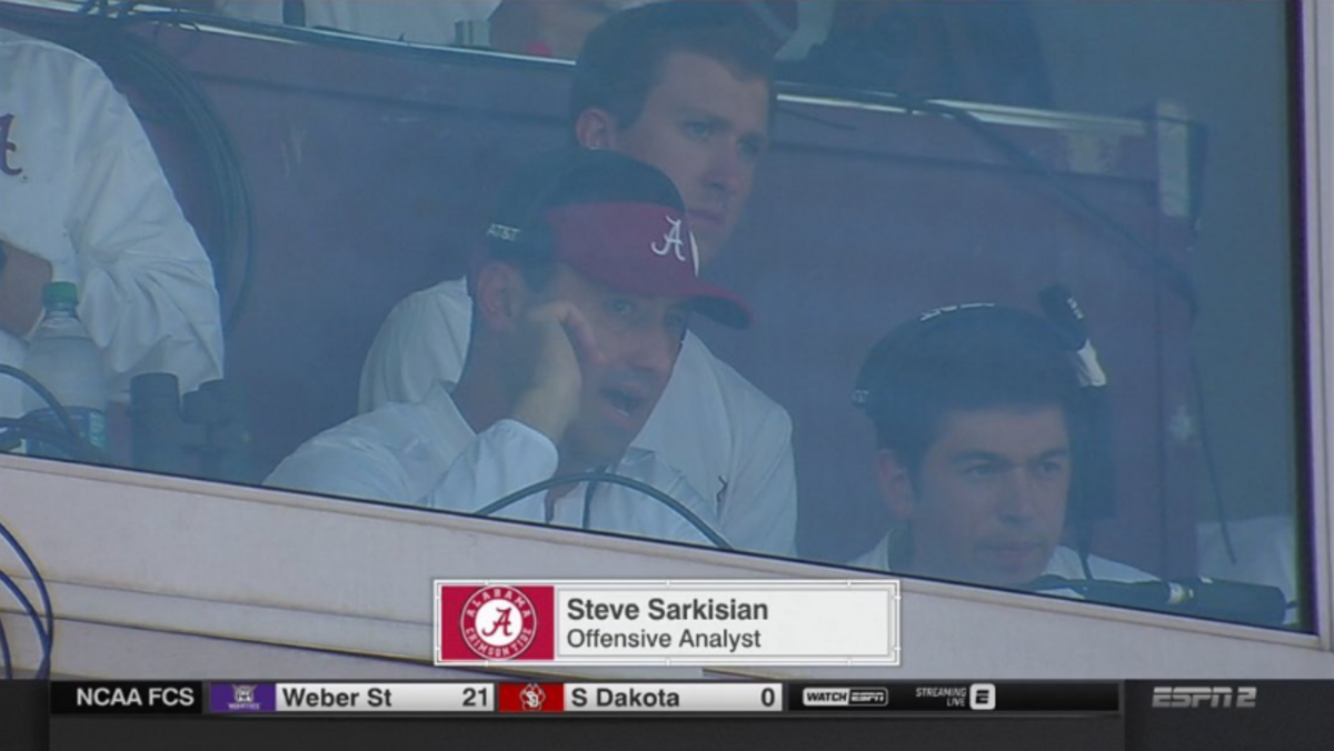 Steve Sarkisian wearing an Alabama hat.