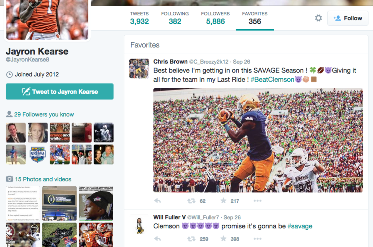 Clemson football player Jayron Kearse favorites Notre Dames Twitter page after trash talk.