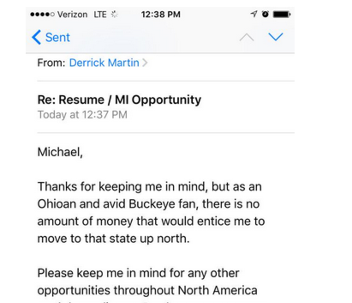 Ohio State fan turns down a job opportunity in Michigan.