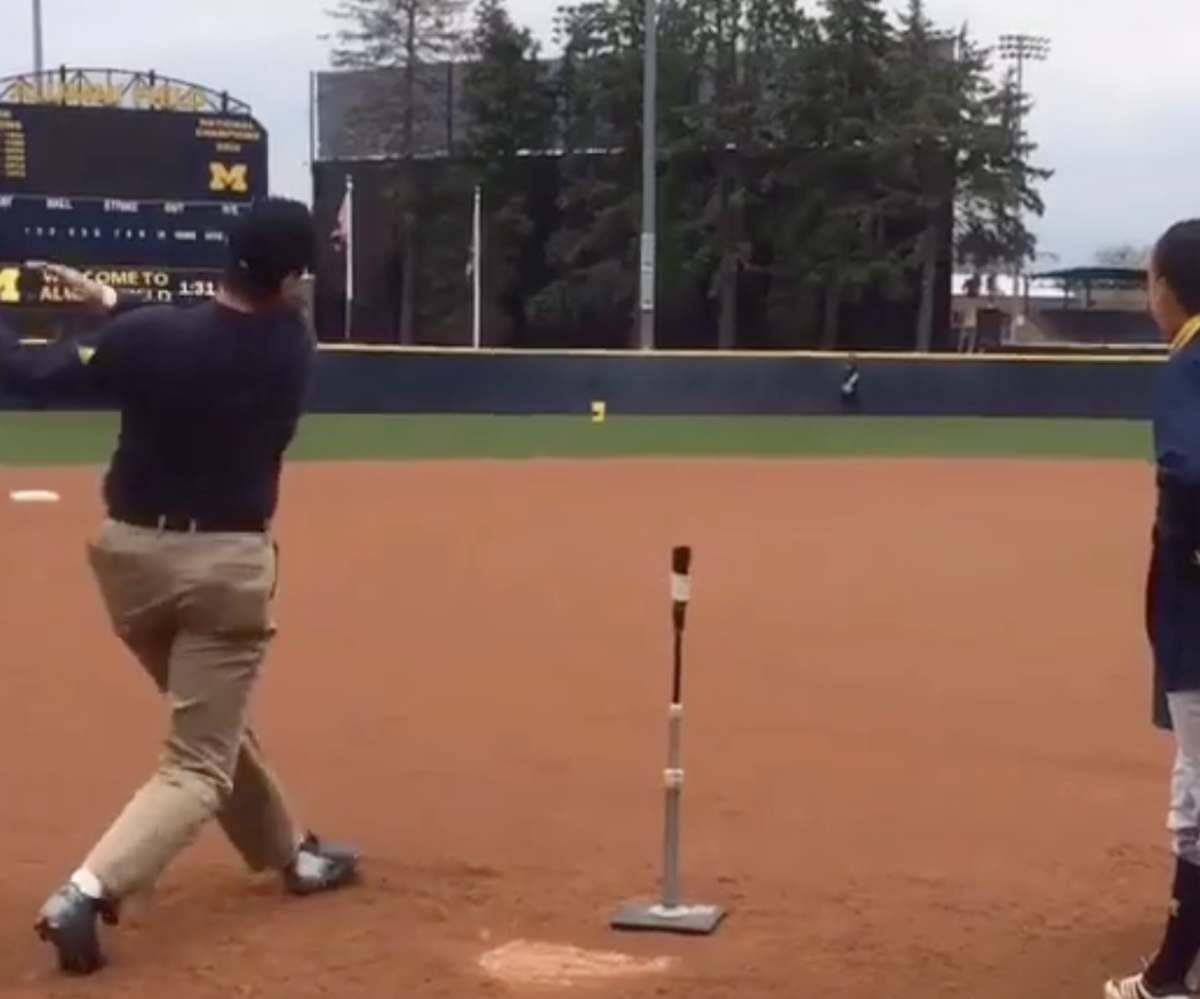 Video Jim Harbaugh Hits Softball Home Run Off A Tee, Dabs, Trots