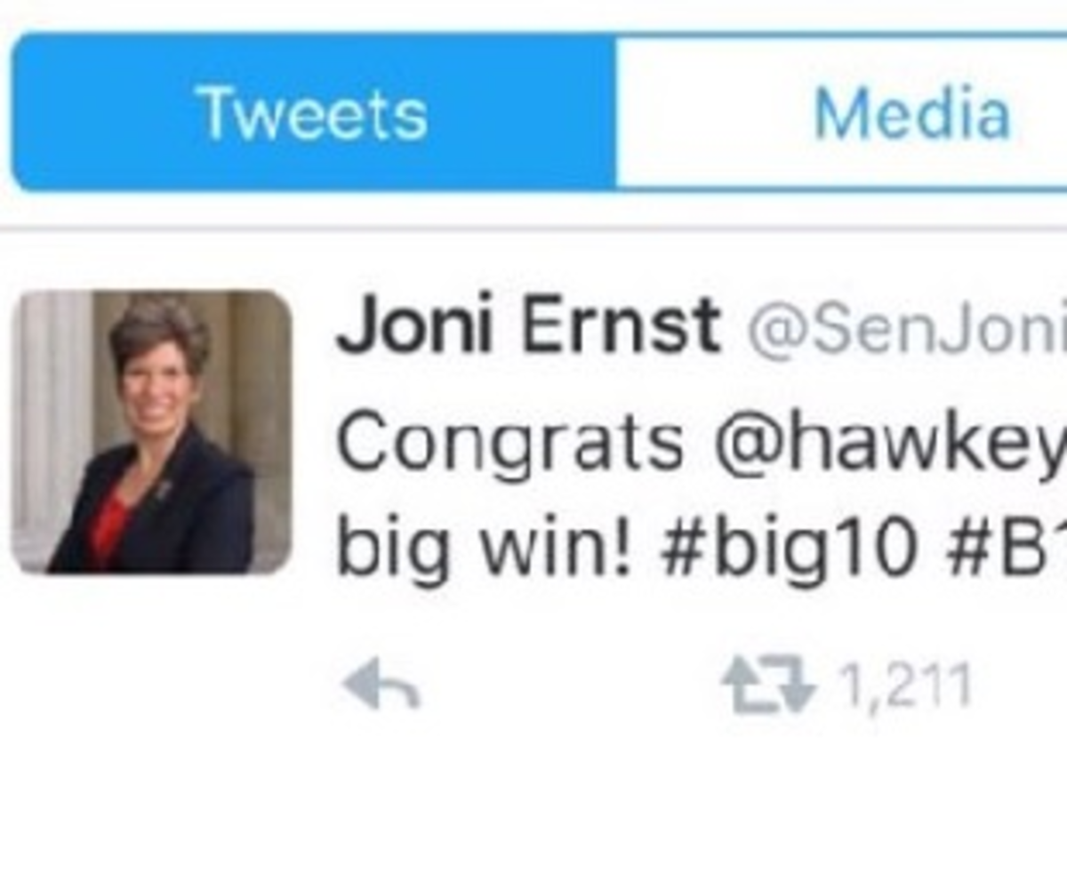 Joni Ernst congratulates Iowa accidentally after loss to Michigan State.