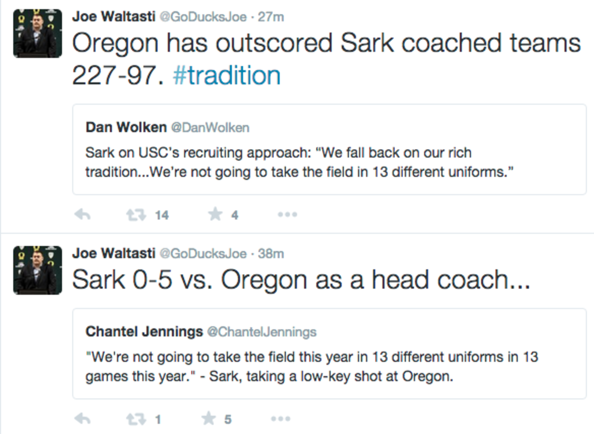 Steve Sarkisian USC vs. Oregon tweets.