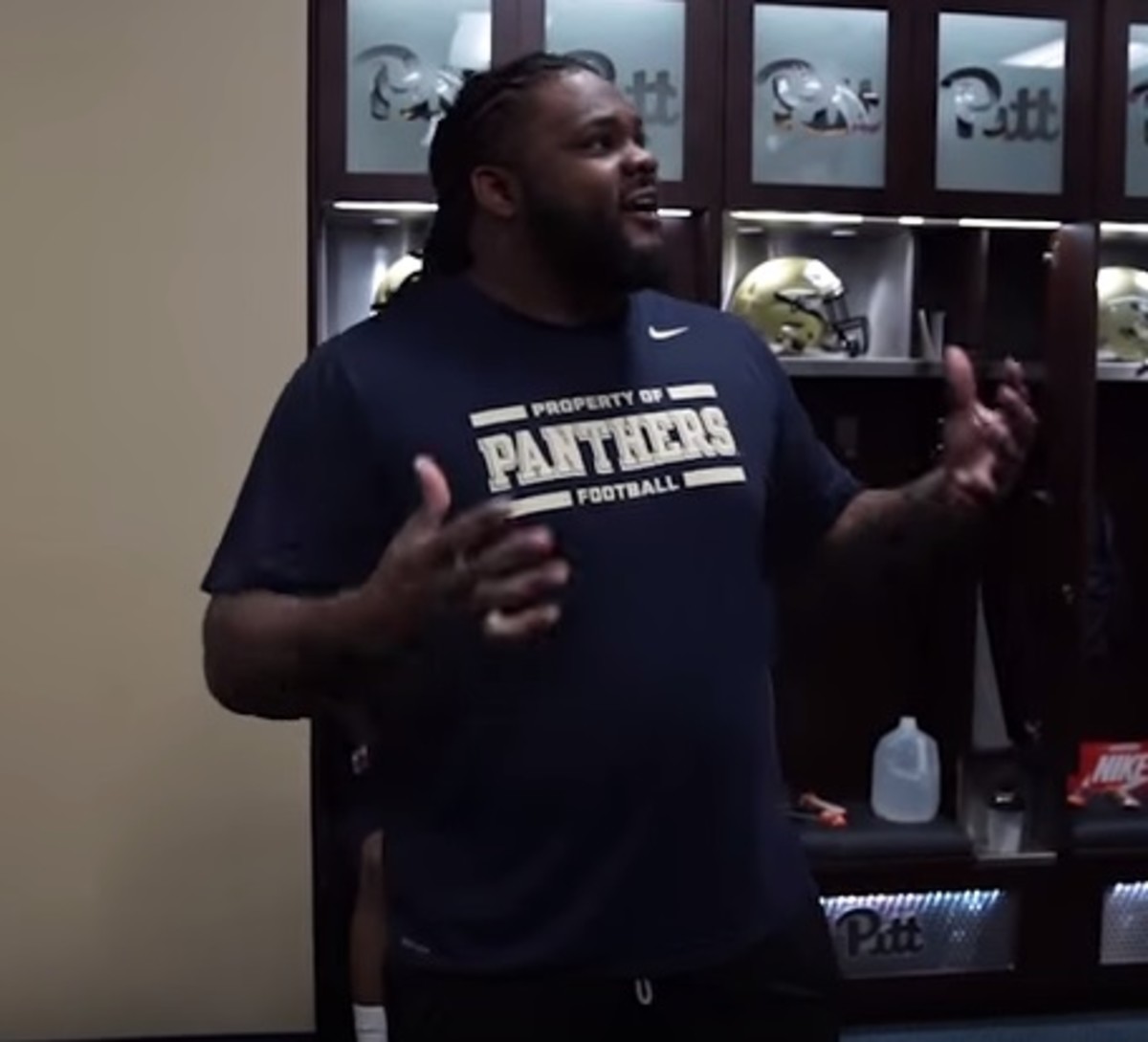 Pitt football player gives a personal tour of new team facilities facilities.