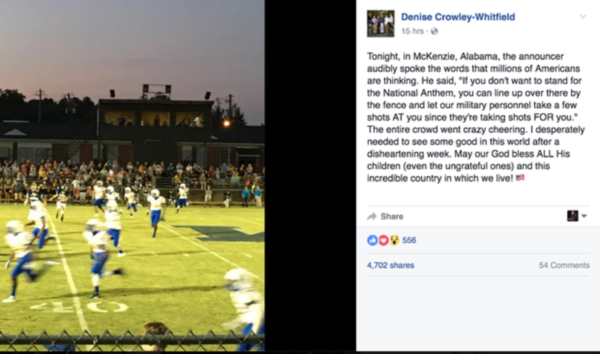 A picture of a football announcer's facebook post about kneeling for the anthem