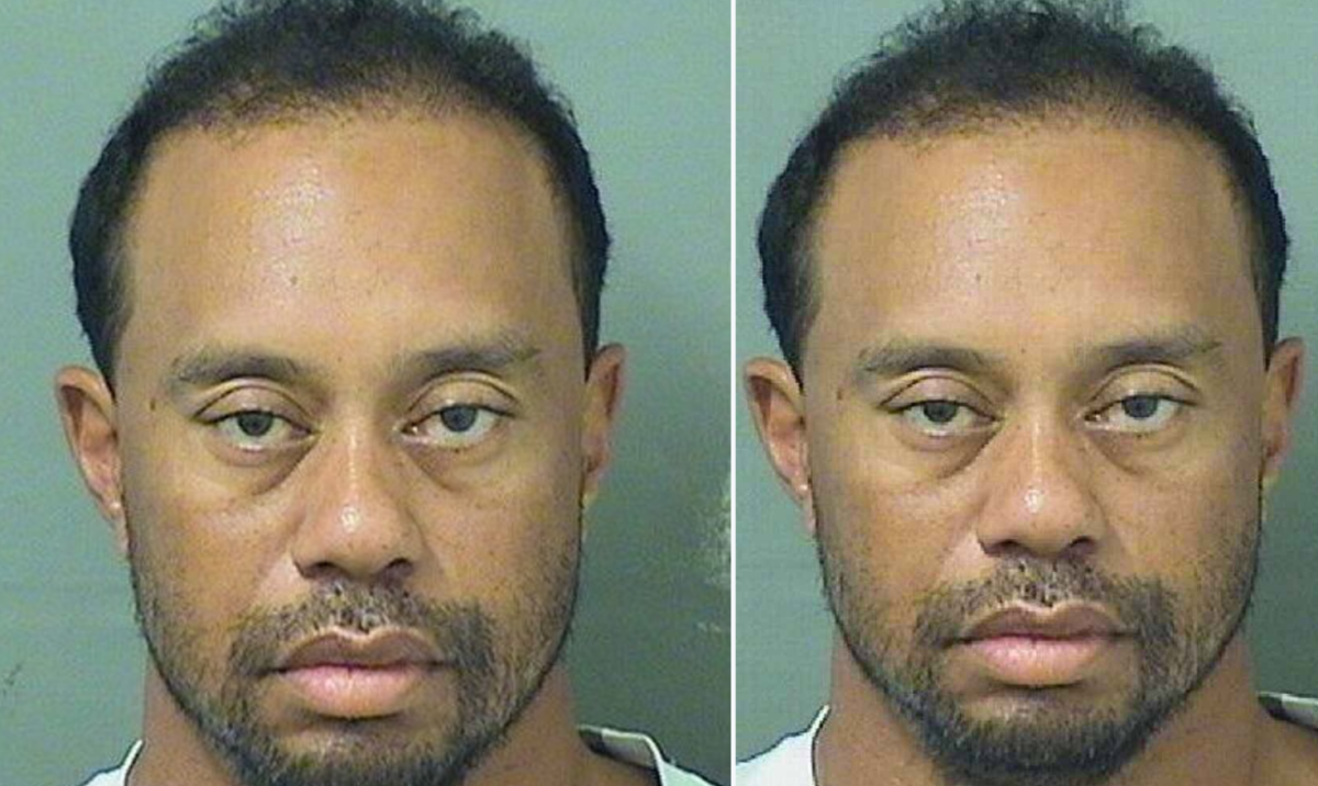 A splitscreen of Tiger Woods' mugshot.