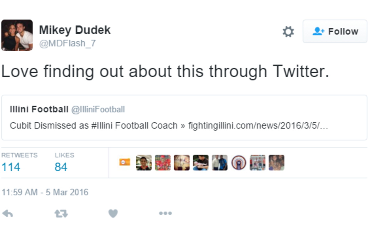 Mikey Dudek tweets about finding out about Bill Cubit firing.