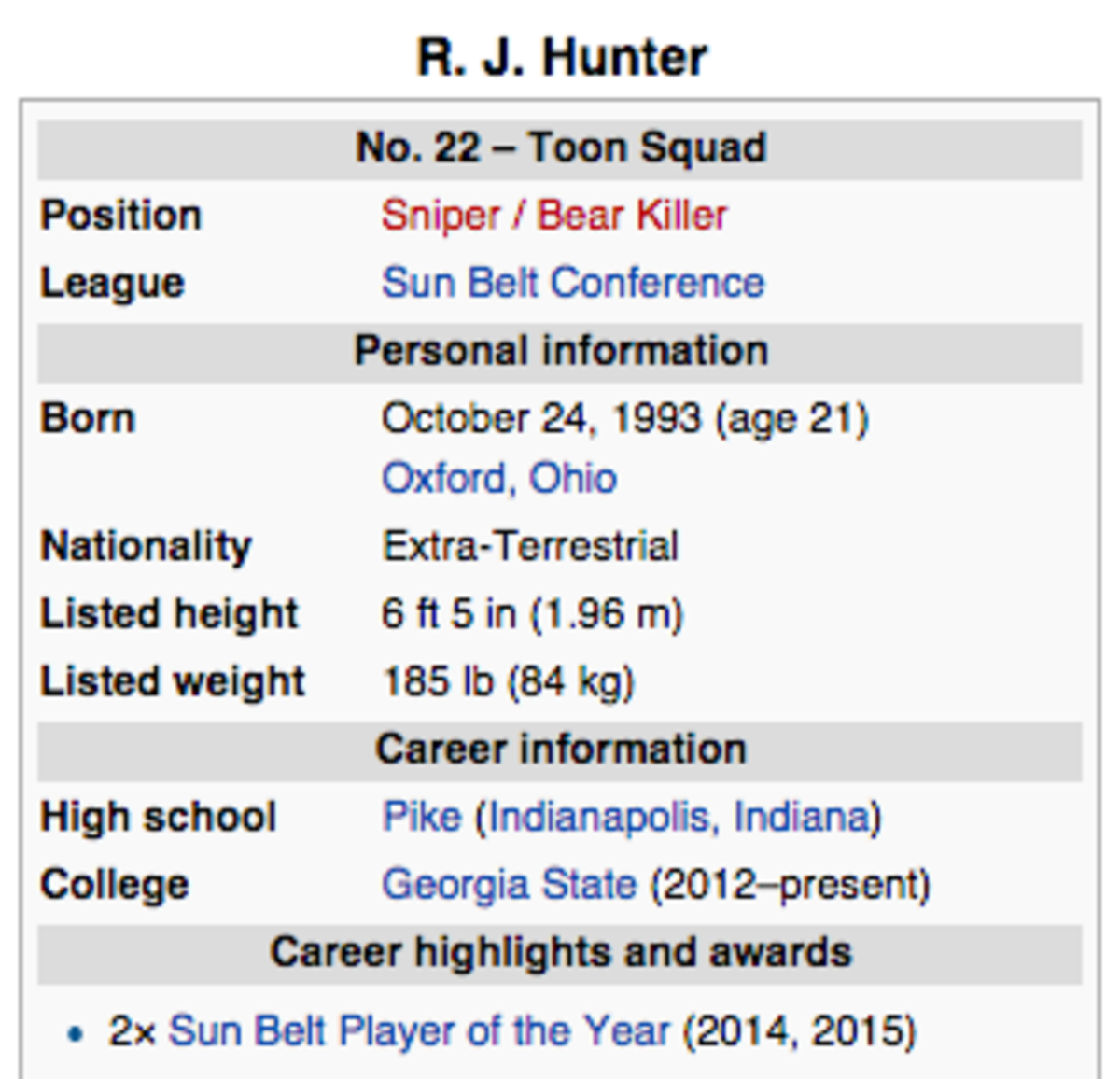 R.J. Hunter's Wikipedia now says he is a "bear killer."