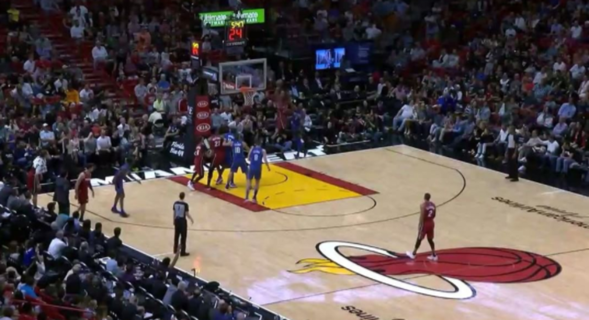 An overhead shot of Miami Heat court.