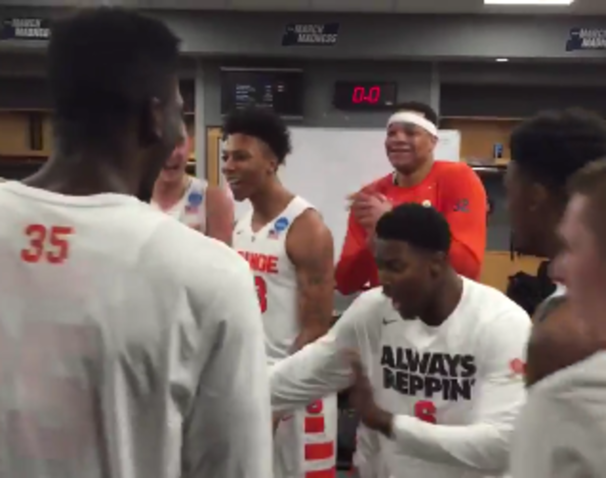 Syracuse players have a dance party in the locker room.